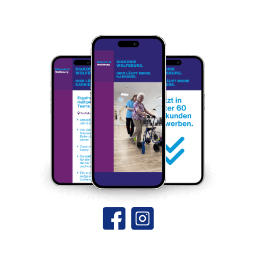 Drei Social Recruiting Anzeigen für Diakonie Wolfsburg mit Social Media Icons Facebook und Instagram