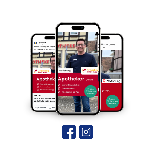 Drei Social Recruiting Anzeigen für die Drömling Apotheke mit Social Media Icons Facebook und Instagram