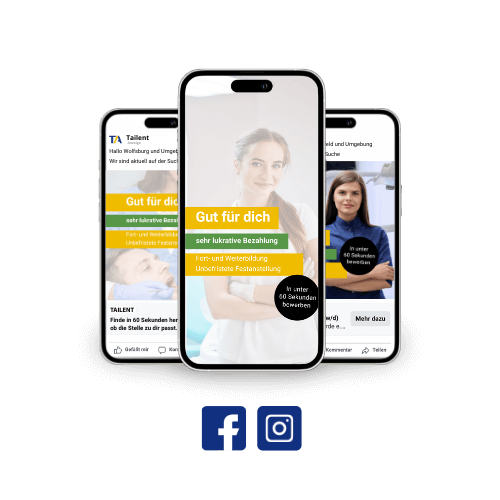 Drei Social Recruiting Anzeigen für orthooplaces Wolfsburg mit Social Media Icons Facebook und Instagram