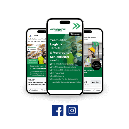 Drei Social Recruiting Anzeigen für Schnellecke Logistics mit Social Media Icons Facebook und Instagram