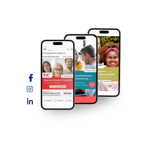 Drei Social Recruiting Anzeigen mit Social Media Icons Facebook, Instagram, LinkedIn