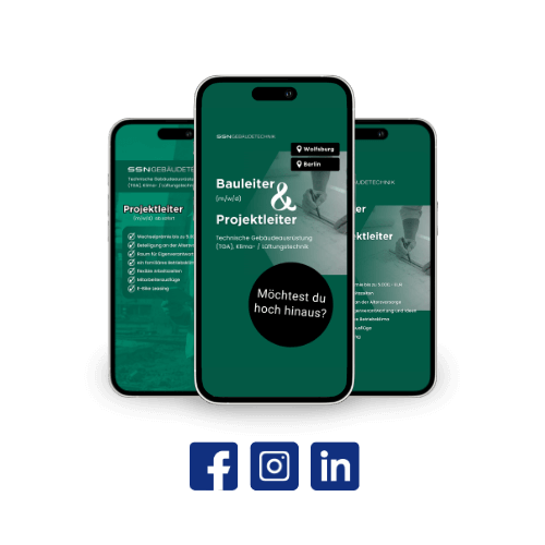 Drei Social Recruiting Anzeigen für SSN Gebäudetechnik mit Social Media Icons Facebook, Instagram, LinkedIn