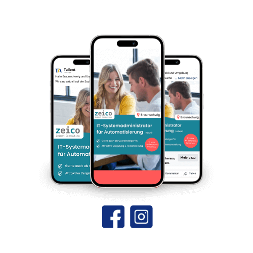 Drei Social Recruiting Anzeigen für Zeimet Consulting mit Social Media Icons Facebook und Instagram